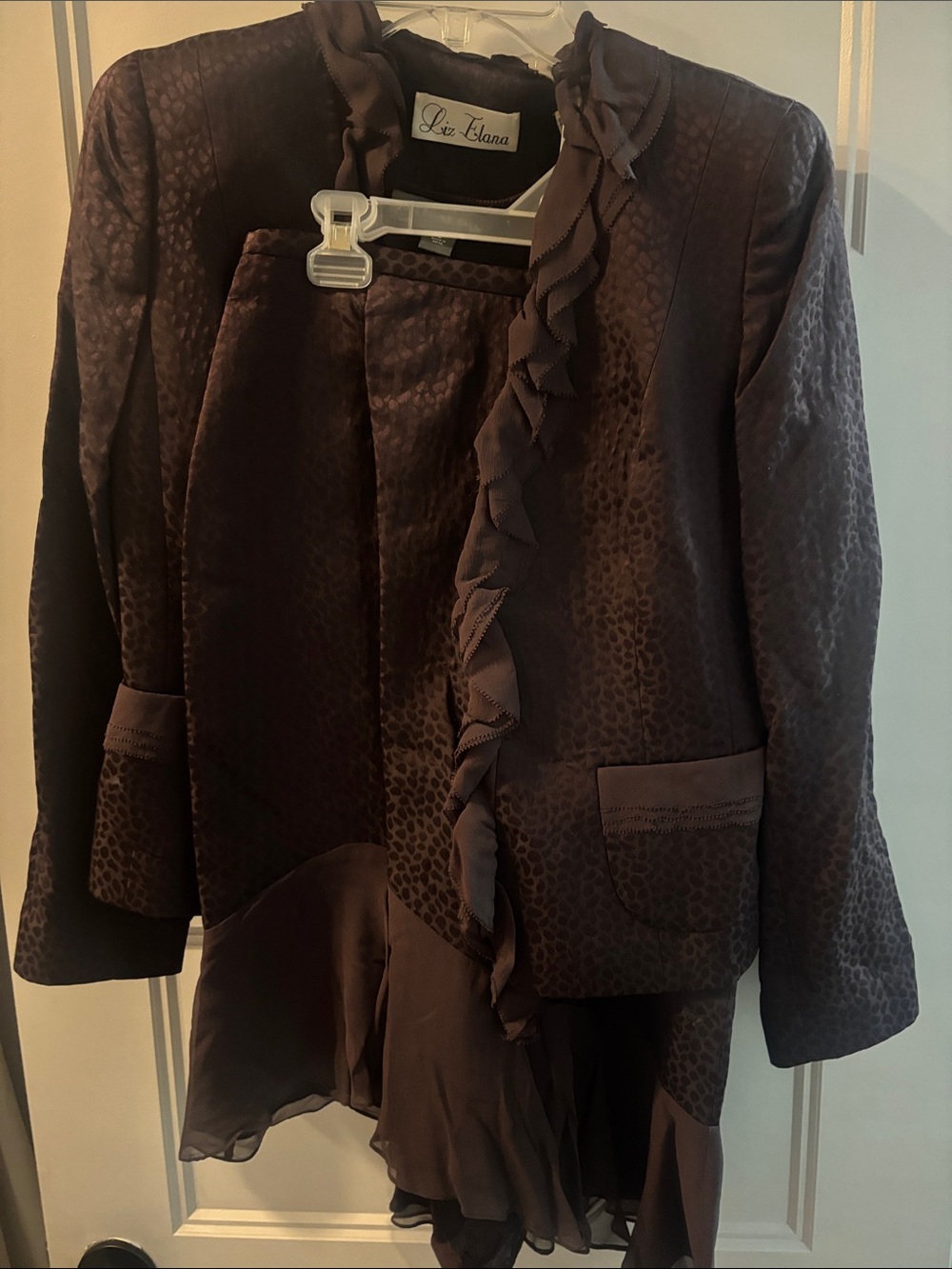 Liz Alana Dark Brown Suit- Ruffled Front Jacquard Jacket with Asymmetrical Skirt